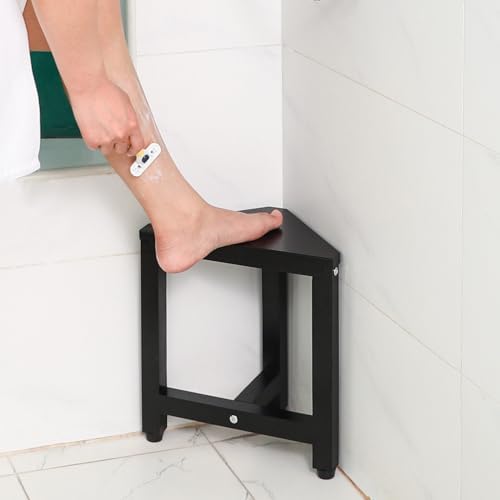 TYYIHUA Shower Foot Stool for Shaving Legs 13.2", Bamboo Shower Stool for Inside Shower, Corner Shower Foot Rest for Small Spaces, Waterproof Small Shower Bench for Bathroom, Black