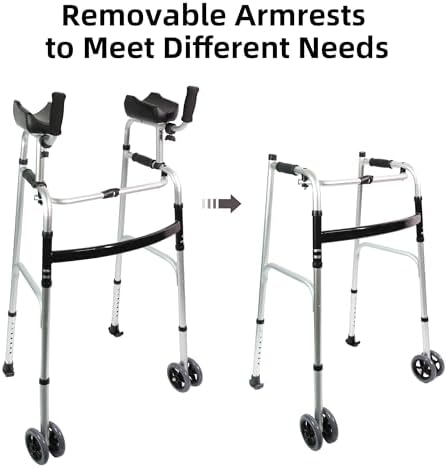 Dual-Wheel Stand Up Walker with Armrest Pad - Aluminum Standard Walker with Small Bag, Fadable Walkers for Seniors, Elderly, Platform Walker with Arm Support, Standing Upright Walkers, Silver