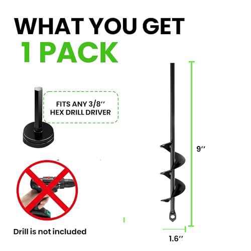 K-Brands Auger Drill Bit for Planting ? 1.6 x 9 Inch - Spiral Hole Planter for Bulbs, Bedding Plants, and Umbrella Holes - 3/8 Inch Hex Drive