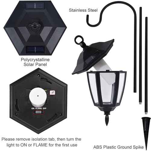 Dynaming 6 Pack Solar Flame Hanging Lights Outdoor, Halloween Solar Flickering Flame LED Garden Lanterns with 6 x 38 Inch Shepherd Hooks, Christmas Lighting for Lawn Patio Yard Pathway Driveway