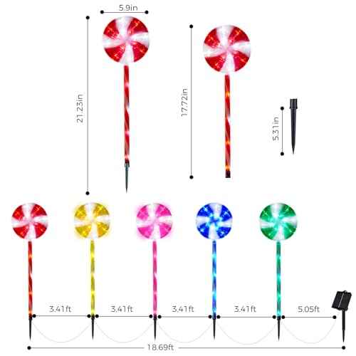 BRIGHTDECK Lollipop Solar Christmas Pathway Lights Outdoor, 10 Pack LED Christmas Decor with 8 Lighting Modes, Light Up Solar Stake Lights for Holiday, Xmas, Walkway, Sidewalk (Multicolour, 10 PCS)