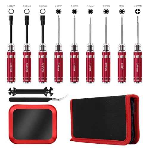 12Pcs Short Handle RC Tool Kit w/Quick Change Hex/Phillips/Flat Nut Drivers & Pliers for 1/18 1/24 Micro Crawler - SCX24, TRX4M, Axial, Traxxas, Losi Mini-T 2.0, FMS (Red)