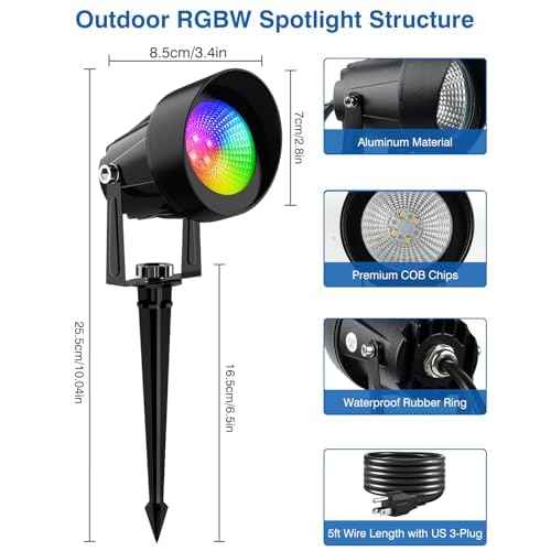 Spot Lights Outdoor, Smart RGBW LED Color Changing Landscape Lighting with APP and Remote Control, Music Mode, DIY Scenes, Timing, IP65 Waterproof Spotlight Plug in for Yard Garden, 4 Pack
