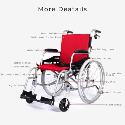 SUMELL Magnesium Lightweight Wheelchair - FSA HSA Eligible 21lbs Self propelled Chair with Travel Bag and Cushion, Portable and Folding 17.5” W Seat, Park & Brake Anti Tipper, Ultra Light, Red