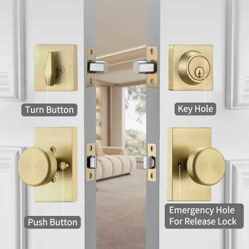 Gold Door Knobs Interior with Lock, Satin Brass Exterior Door Lock Set with Deadbolt
