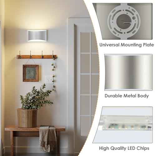 FOLKSMATE Modern LED Wall Sconces, 3000K Warm White Wall Lights Set of 2, 10W Up and Down Mount Light, Sliver Hardwired Indoor Sconces Lighting Lamp for Bedroom Bedside Hallway Living Room