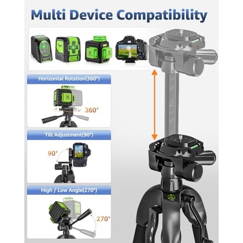 Laser Level Tripod, Huepar 56-inch Extendable Height Tripod Use with Line Lasers, Point Lasers, Laser Distance Measures, 1/4" and 5/8" Thread Mount, Multi-Function Hook, Non-Skid Feet, TPD14