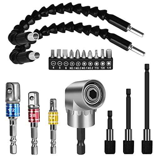 Flexible Drill Bit Extension Set 19pcs, Hex Shank 105¡ÆRight Angle Drill Attachmen, 3pcs 1/4 3/8 1/2" Universal Socket Adapter Set, 3pcs Drill Bit Holder Extension and Screwdriver Bit Kit