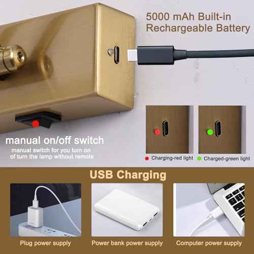 Battery Picture Lights for Wall, Rechargeable Gallery Light Wireless Art Display Lights with Dual-Rods Swing Arm Brass Painting Light with Remote & Timer 3CCT Dimmable Wall Sconces for Portrait 16¡±