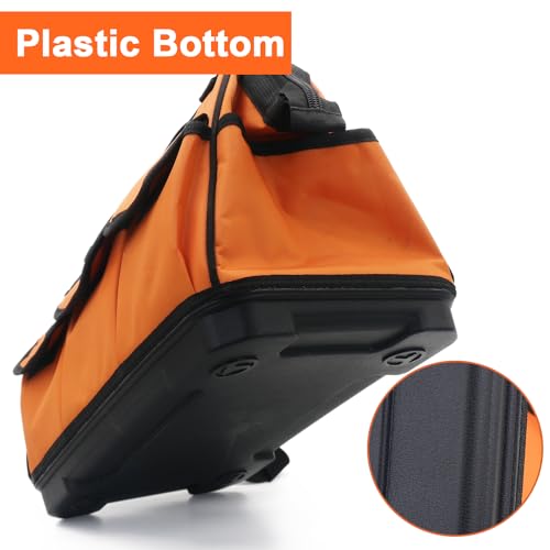 Tool Bag 16 Inch Molded Plastic Base Heavy Duty Waterproof Orange Tool Organizer Wide Mouth With Shoulder Strap for Power Tools and Hand Tools Oxford Cloth Fabric (16 Pockets)