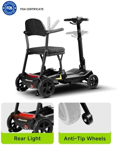 4 Wheel Mobility Scooter for Adults & Seniors Electric Powered Lightweight Foldable 5 MPH Speed 15 Miles Range Two Removable Batteries Airline Approved (Black Yellow, Standard)