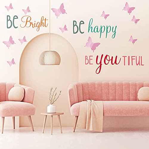 Chinco 20 Sheets Inspirational Quotes Wall Decals Stickers for Girls,12 Sheets Pink Pastel 3D Butterfly,Smart Strong Fearless,Be Bright Happy,Be You Tiful Sayings Art Stickers for Bedroom Living Room