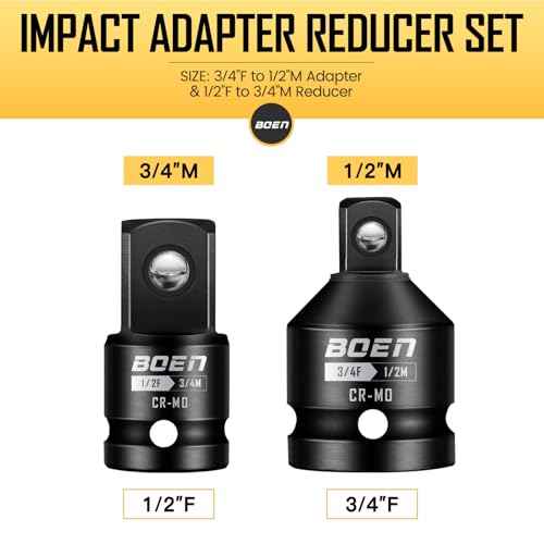 boen 2-Pieces Impact Socket Adapter and Reducer Set, 1/2"F to 3/4"M Adapter & 3/4"F to 1/2"M Reducer, Standard Square Driver & Wrench Conversion Kit, CR-MO Steel