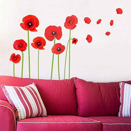 Maydahui 2 Sheets Red Poppy Flower Wall Decals Beautiful Floral Wall Stickers(24x55 Inch) Peel Stick Removable Art Mural Decor for Bedroom Living Room TV Sofa Background