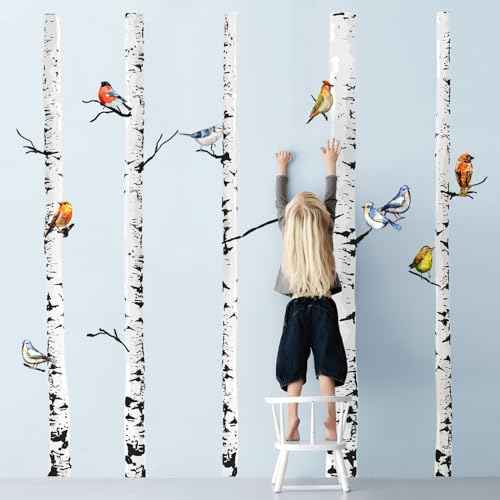 Supzone Large Birch Tree Wall Decals 5 White Tree Forest Birds Wall Stickers Peel and Stick Wall Art Decor for Bedroom Living Room Kitchen Sofa TV Backdrop Wall Decoration
