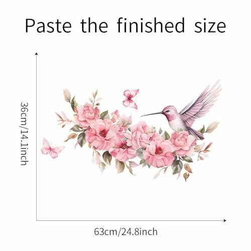 Pink Hummingbird Butterfly Flower Wall Stickers, sacinora Peach Blossom Peony Bird Wall Decals Removable Vinyl Peel and Stick for Girl Woman Nursery Living Room Bedroom Art Decorations