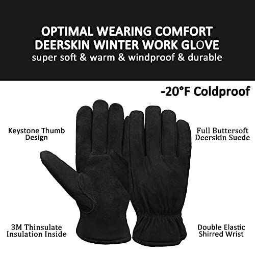 SKYDEER 3M Thinsulate Thermal Winter Work Gloves with Windproof Premium Genuine Deerskin Suede Leather (Unisex)