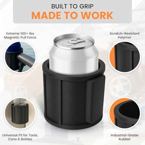 SoftJaw Slim Magnetic Cupholder | Heavy-Duty Rubber Tool Holder for Water Bottles & Cans | Scratch-Resistant & Durable for Trucks, Equipment, Worksites, Tailgating & More | Made in USA (Black, Slim)