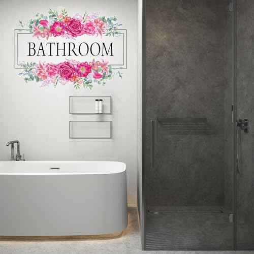 2 Pcs Bathroom Signs Wall Decals Stickers Decor Beautiful Flower Stickers Wall Decals Peel and Stick DIY Removable Wash Room Door Decor