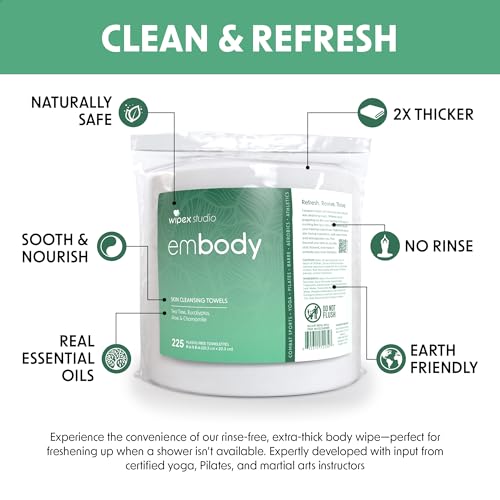 Wipex Embody Sport Body Wipes 225ct Bucket Refill Roll Bag for Dispensers, Tea Tree Wipes Body, Eucalyptus, Aloe & Chamomile for Yoga Studios, Gyms, Fitness & Sports Centers and Spas