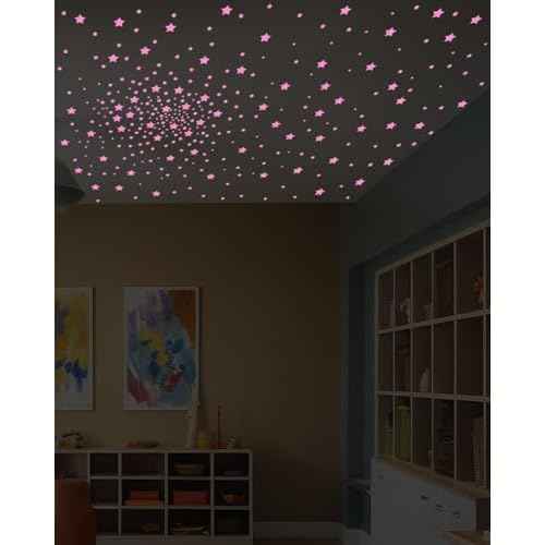 Greingways 201 Pcs Glow in The Dark Stars Stickers for Ceiling Bedroom, Stocking Stuffers for Kids Ages 3-5, 4-8, 8-12, Boys Girls Room Decor Wall Stickers Stocking Stuffers for Toddler-Pink