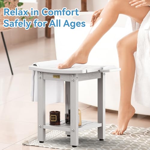 YEFU Shower Chair for Inside Shower: Waterproof/No Maintenance - Shower Stool with Shelf & Handle Weight 400 LBS - Use for Bathrooms/Outdoor - Non-Slip Easy Assemble Bench for Adult/Elderly/White
