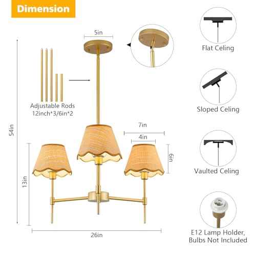 Gold Farmhouse Chandelier 3-Light Boho Pendant Lamp with Rattan Shade 26¡®¡¯ Rustic Chandelier Light Fixture with Height Adjustable Hanging Pole for Dining Room, Living Room, Bedroom, E12 Base