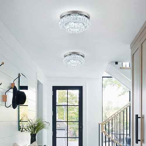 12 Inch Crystal Chandelier LED Ceiling Light 2 Tier Flush Mount Ceiling Light Fixtures Modern Chandelier Lighting for Hallway Bedroom Dining Room Kitchen (Cool White)