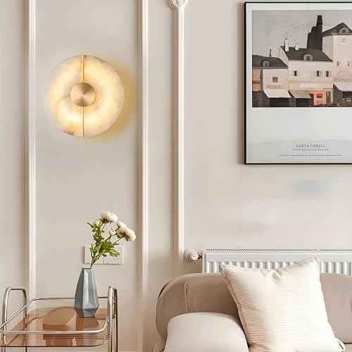 White Alabaster Wall Sconce Brass Natural Marble Wall Sconce Vintage Gold Round Store Modern LED Wall Light Fixture Mid Century Wall Mounted Lamp for Bedroom Hallway Living Room Bathroom