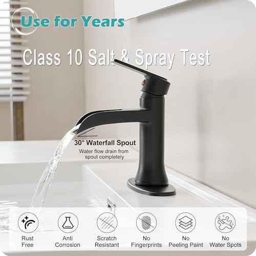 Matte Black Waterfall Bathroom Faucets, 1 Hole or 3 Hole (4 Inch) Bathroom Sink Faucet with Drain, Deck Plate, 1 Handle for Vanity, Restroom, RV, Modern, Brass Material