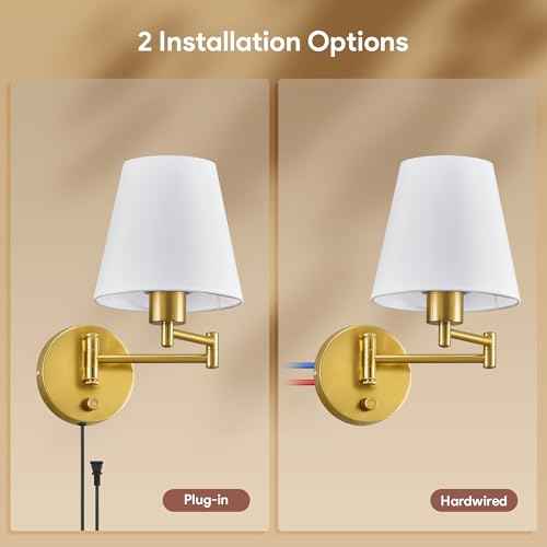 VONLUCE Wall Sconce Set of 2, Plug in & Hardwired Swing Arm Wall Lamps, Adjustable Wall Mounted Lighting Fixtures, Modern Wall Lights with Golden Base White Fabric Shade for Bedside, Hallway, Study