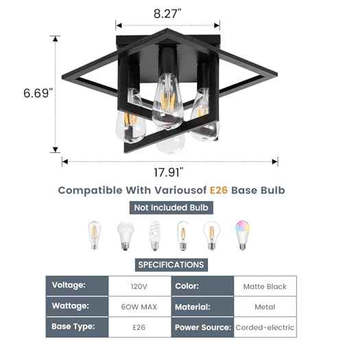 4 Light Industrial Ceiling Light Black Semi Flush Mount Lights Close to Ceiling Light Fixtures,frame cage design Farmhouse Ceiling Lighting for Kitchen Bedroom Bathroom Foyer Hallway (E26, 1Pack)