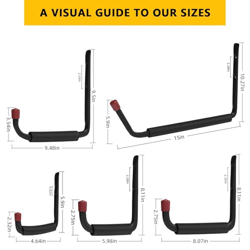 6 Pack Garage Hooks Heavy Duty with EVA Pads and Rubber End Caps, 8.07inch Steel Kayak Storage Hooks for Hanging Bikes, Ladders, Folding Chairs and Garden Tools