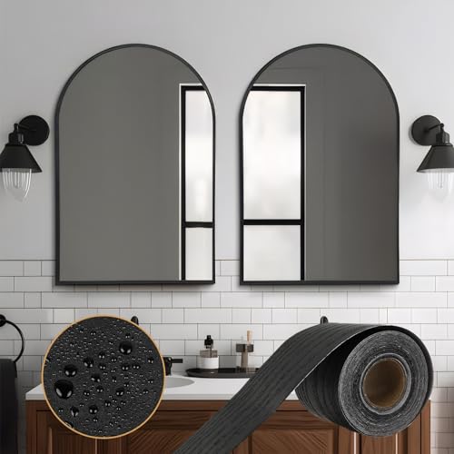 2-Pack 393" Black Wood Grain Mirror Frame Border Peel and Stick Wallpaper - Removable Waterproof PVC Wallpaper Border Peel and Stick Trim for Bathroom Mirror Frame, Cabinet, Ceiling & Tv Edges