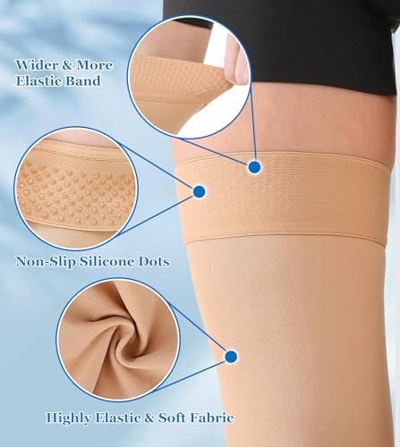 MGANG Medical 20-30 mmHg Compression Stockings for Women & Men, Pair, Thigh High Graduated Compression Socks, Closed Toe, Opaque, Support for Varicose Veins, Edema, DVT, Swelling, Flight, Beige 3XL
