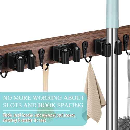 Chunful 4 Pack Mop and Broom Holder Wall Mount, Rustic Wood Broom Hanger with 4 Slots & 4 Hooks, Wall Mounted Garden Tool Rack Organizer for Bathroom Kitchen Closet Garage Room Office
