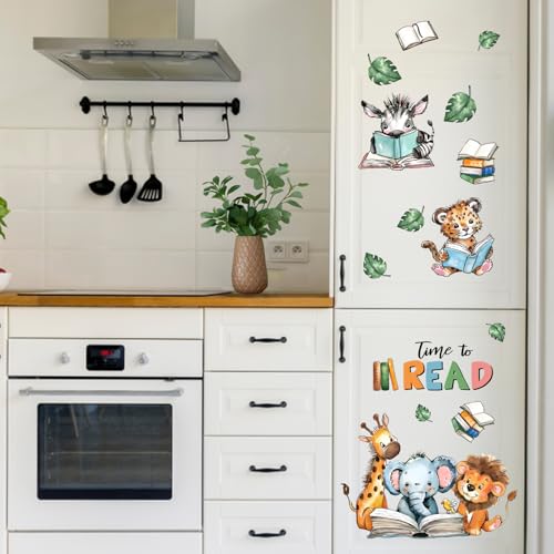 Mfault Time to Read Animal Book Wall Decals Stickers, Educational Elephant Lion Giraffe Nursery Decorations Classroom Bedroom Art, Zebra Leopard Plant Neutral Toddler Kids Reading Corner School Decor