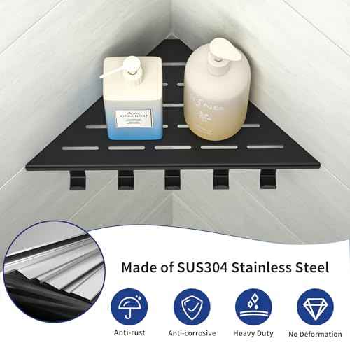 10¡®¡¯ Corner Shower Shelf, 304 Stainless Steel Shelves for Bathroom, Grout in Shelf with Hooks for Tiled Wall (Matte Black)