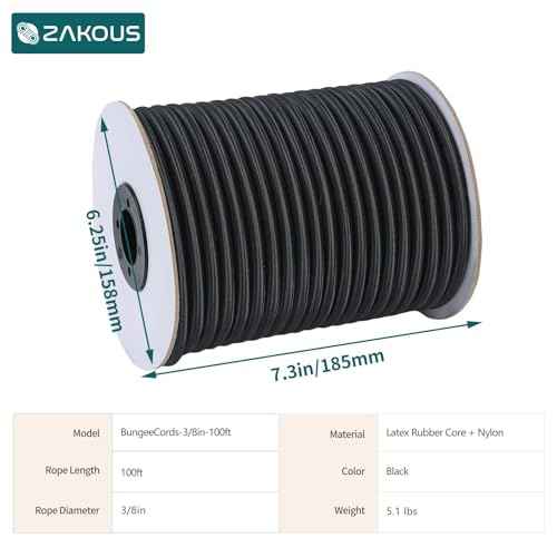 Strong and Durable Bungee Cord - 3/8" x 100ft Elastic Cord, Kayak Stretch String Rope, Bungee Shock Cords for Repairing Tent Poles, DIY, Tie Downs, Black