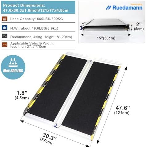Ruedamann 4FT Wheelchair Ramp, Portable Wheelchair Ramp for Home Entrance, 30-1/4" Wider Design, Non-Slip Aluminum Folding Ramps for Wheelchairs, Strollers, Scooters, Stairs, Curbs, Doorways