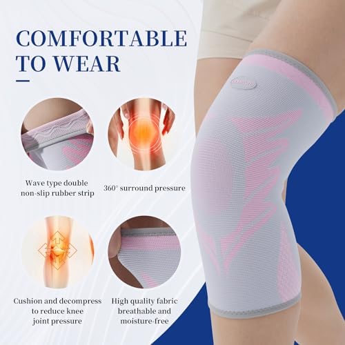Sports Slim Knee Braces for Women - No-Slip Knee Compression Sleeve for Dance, Yoga, Knee Support for Knee Pain, Joint Pain Relief(Crystal Rose, XL, 2 Pack)