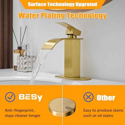 BESy Brushed Gold Waterfall Bathroom Faucets, Single Hole Single Handle Bathroom Sink Faucet, 1 Hole Rv Vanity Faucet 3 Hole Deck Plate