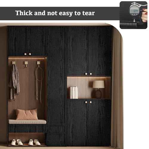 Abyssaly Black Wood Grain Contact Paper Peel and Stick Wallpaper Wooden Look Self-Adhesive Thicken Wallpaper Vinyl Wrap for Cabinets Countertops Shelf with Scraper, Paper Cutter 17.7" x 118"