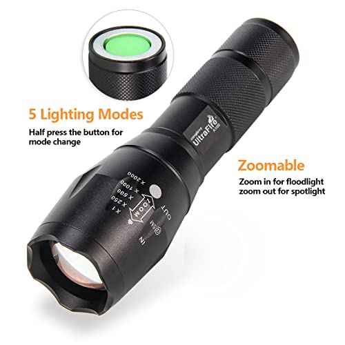 ULTRAFIRE A100 Tactical Flashlight, 800 Lumens 5 Modes LED Zoomable Hunting Flashlight Torch with Duty Belt Flashlight Holster, Red/Green/White Exchange Glass