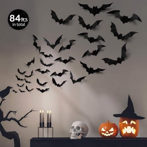 Bat Wall Stickers: Halloween Party Decorations Indoor & Outdoor - 84 pcs Reusable PVC 3D Black Bats for Halloween, Eve Party, Ghost Festival Decor