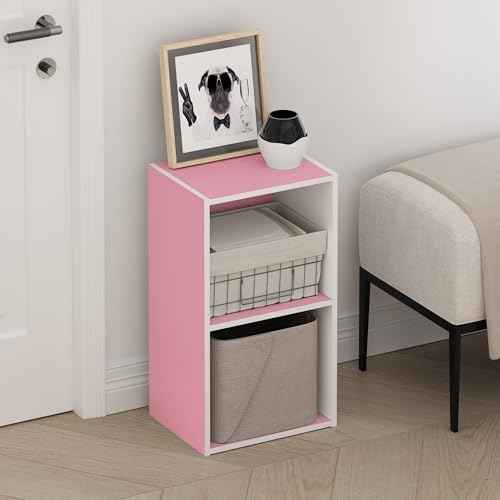 Furinno TOMI Book Shelf, 2-Tier Modern Bookshelf, Open Shelves Bookcase 9 x 12 x 21, for Living Room, Bedroom, Home Office, Pink