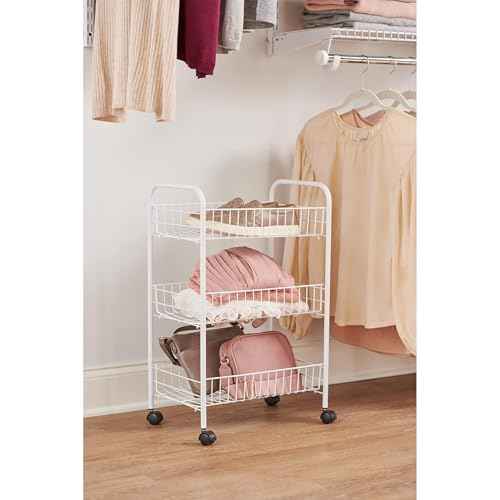 Rubbermaid 3-Tier Shelving Wheeled Organizer, Wire Adjustable Metal Storage Cart, for Office/Kitchen/Bedroom/Laundry Home Use, White