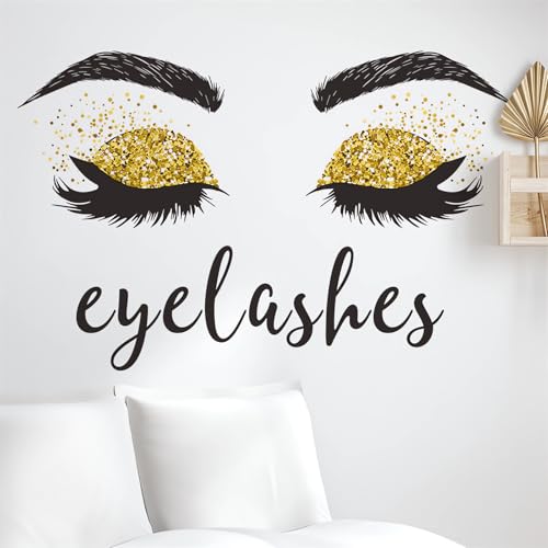 Golden Eyelash Eyes Wall Stickers, sacinora Inspirational Quotes Wall Decals Removable Vinyl Peel and Stick for Women Girl Kids Living Room Bedroom Art Home Decorations