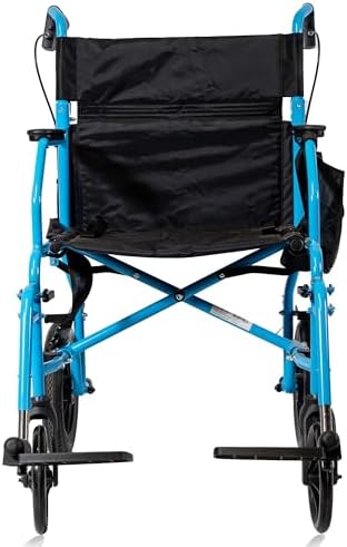Platinum Health Hummingbird™ Ultra-Lightweight Foldable Transport Wheelchair, Handbrakes,12-Inch Rear Wheels, Extra-Wide Seat. Convenient Table-Length Padded Armrests. (Sky Blue)
