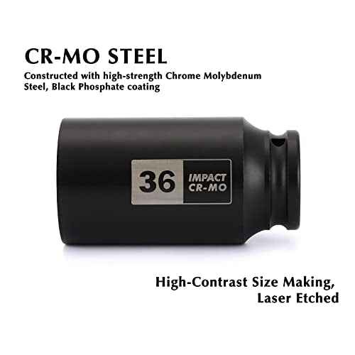 EMENTOL 1/2 Inch Drive Deep Spindle Axle Nut Impact Socket, CR-MO, 12 Point, Metric, Deep 12PT Impact Socket - 36mm